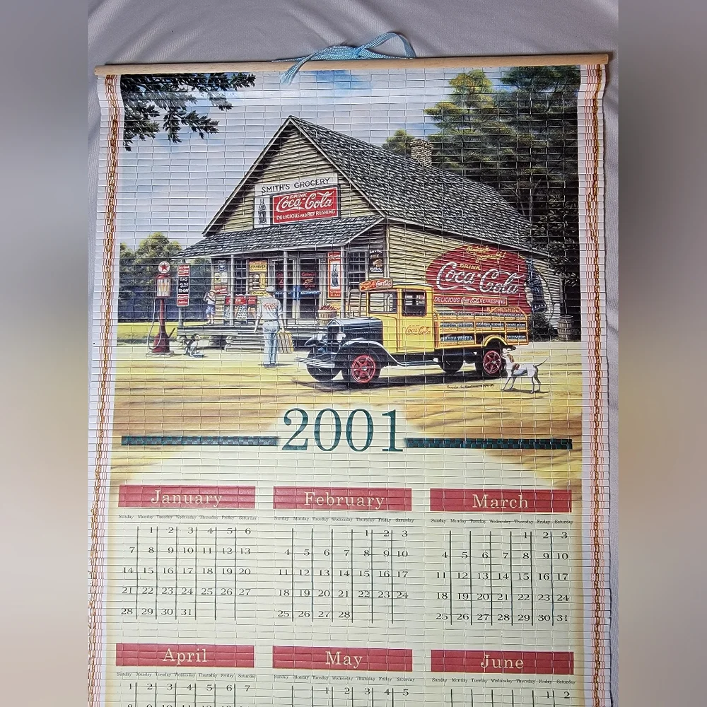 Coca Cola 2001 / 2002 Double Sided Bamboo Scroll Calendar W/ Box VINTAGE